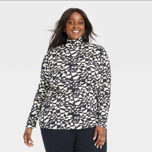 Women's Plus Size Long Sleeve Turtleneck T-Shirt - Ava & Viv Black Geo 3X NWT 2